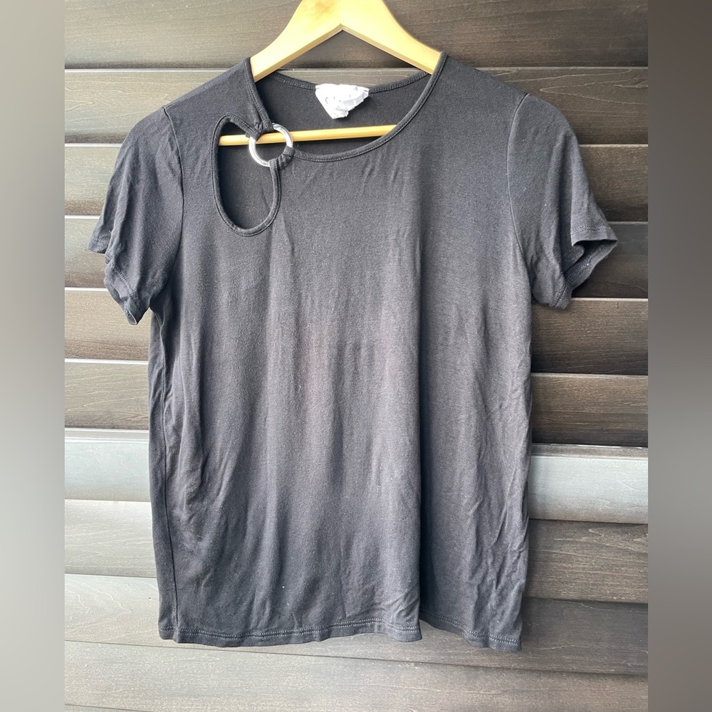 Sadie & Love Black Short Sleeve Shirt with Cut Out and Silver Hoop Made in USA M